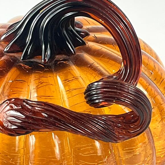 Mouth Blown Amber Art Glass Pumpkin Orange Crackle Curly Stem Handmade Handblown - Picture 10 of 12